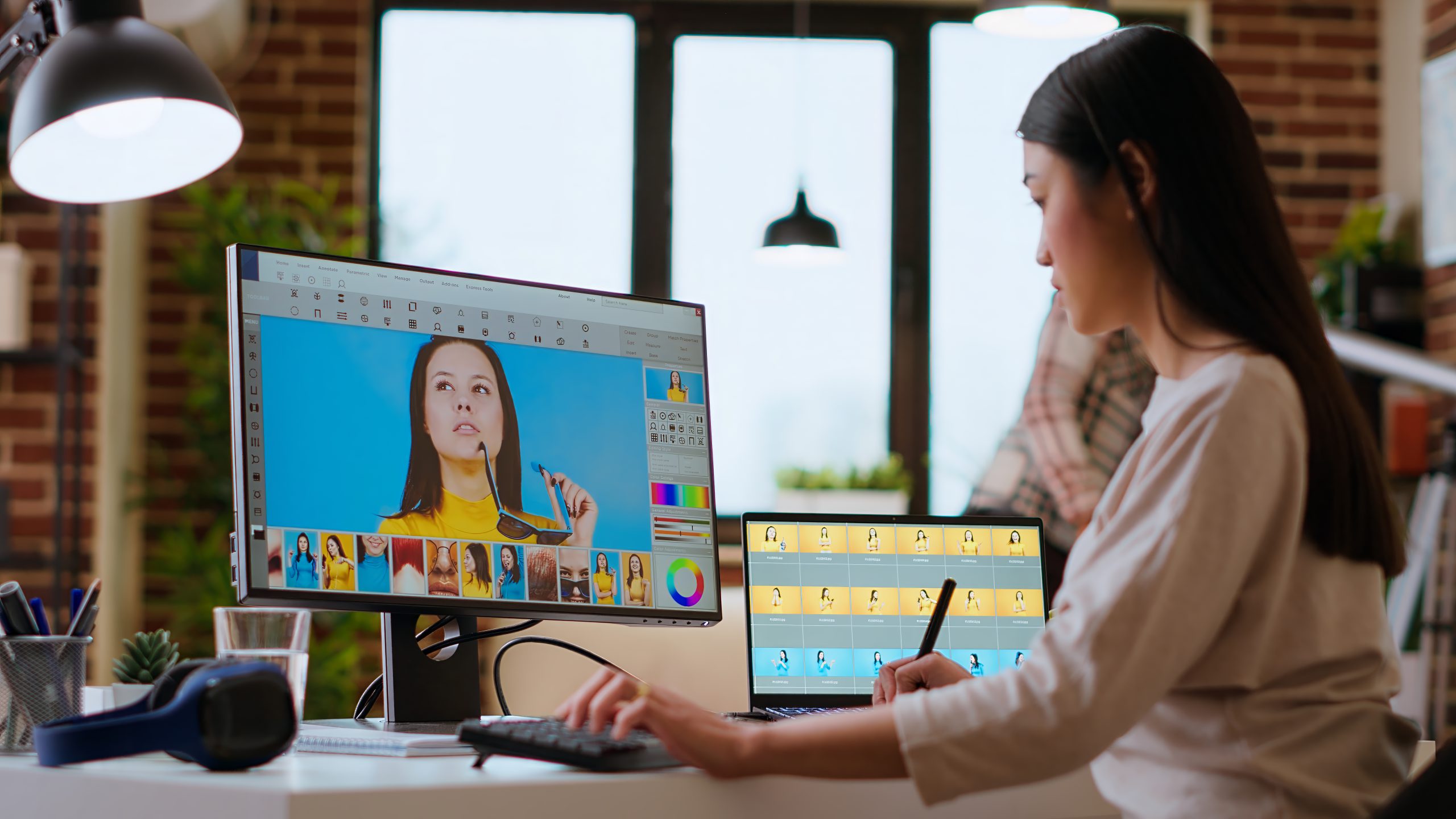 freelance designer works on a photo editing project in a remote office